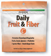 Daily Fruit & Fiber  Light fruity flavor! Promotes cleansing and regularity with fiber from fruits, seeds and sprouts, plus enzymes and probiotics.