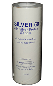Silver 50 is a traditional mild silver protein, with a particle size of 27 nanometers, containing 69 micrograms of silver per 5 ml (approx. 1 tsp)..