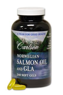 Carlson Salmon Oil is extracted from salmon found in the deep, unpolluted waters of Norway and is naturally rich in the important Omega-3's EPA and DHA. The GLA contained in this product is derived from black currant seed oil and is an important Omega-6 component. The EPA and DHA in Salmon Oil plus the GLA work as a team to promote a healthy balance of prostaglandin types in the human body..