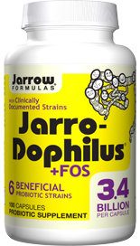 Jarro-DophilusÂ® + FOS survives stomach acid and colonizes the intestines.* FOS is a natural fiber that enhances the growth of beneficial probiotic bacteria.* Each capsule contains 3.4 billion total probiotic bacteria..