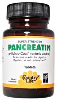 An enzyme to aid in the digestion of protein, fat, and carbohydrate.</p><p>Country Life's Super Strength Pancreatin is derived from pure porcine pancreas. Each tablet is pH Micro-Coated (enteric coated) which allows the release of the nutrients in the alkaline medium of the intestines.
Country Life's Super Strength Pancreatin is derived from pure porcine pancreas..