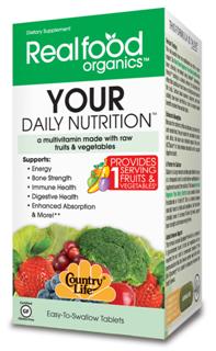 Realfood Organics by Country Life has formulated Your Daily Nutrition to provide one complete serving of fruits and vegetables to help you
in your quest to eat the recommended 5 to 10 servings each day..