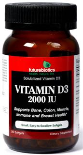 Futurebiotics Vitamin D3 2000 IU is a small, easy-to-swallow softgel that is a great way to help replenish the body's vitamin D status. Furthermore, research as shown that vitamin D supports bone, colon, muscle, immune and breast health..