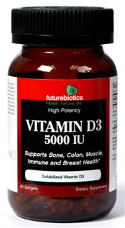 Futurebiotics Vitamin D3 5000 IU is a small, easy-to-swallow softgel that is a great way to help replenish the body's vitamin D status. Furthermore, research as shown that vitamin D supports bone, colon, muscle, immune and breast health..