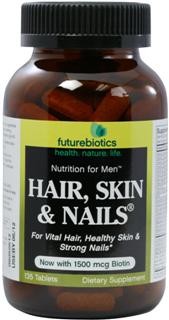 Hair, Skin & Nails for Men is based on the same #1-selling, nutrient-intense formula as the women's formula with the added benefit of 25 mg of zinc per daily dose. Futurebiotics has formulated a full spectrum of herbs, vitamin and minerals to support hair growth and healthy skin and nails..