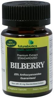 Futurebiotics Bilberry is a premium, concentrated herbal extract that provides 40 mg of Bilberry fruit extract per vegetarian capsule, standardized for 25% anthocyanosides, the preferred amount of active constituents shown to be most effective..