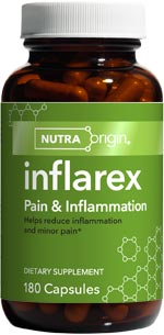 Inflarex | Pain & Inflammation by NutraOrigin features ingredients that naturally block excess inflammatory metabolites, helping diminish occasional pain and inflammation from sports injuries, surgical trauma, bruising, menstrual cramps, joint discomfort, and muscle stiffness..