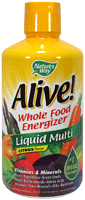 Alive! Liquid Multiple supplying the body with vital vitamins and minerals from fruits, vegetables & other green foods, herbs, amino acids, and mushrooms- a  naturally potent whole food energizer..