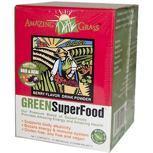 Amazing Grass Green SuperFood is a perfect blend of alkalizing greens, antioxidant rich whole food fruits and vegetables, immune boosting support herbs, friendly pre & probiotics all infused with acai and goji..