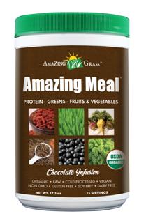 Amazing Meal is a powerful source of Green SuperFoods: wheat grass, barley grass, alfalfa & kale. Amazing Meal is rich in antioxidants and essential fatty acids, hemp protein, flaxseed.