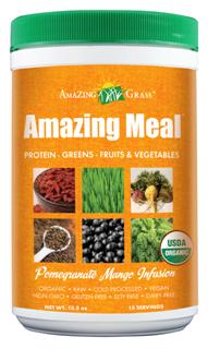 A satisfying blend of Green SuperFoods, Amazing Meal Pomegranate Mango Infusion provides a bounty of plant based protein, phytonutrient rich fruits & vegetables, digestive enzymes and probiotics..