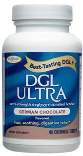 Ultra DGL from Enzymatic Therapy comes in 90 German Chocolate-flavored chewable tablets and provides quick-acting, soothing digestive relief..