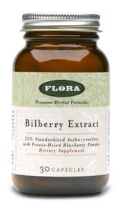Bilberry is commonly used to reduce the effects of occasional eye strain. Flora's premium Bilberry Extract Plus Blueberry is an ultra-concentrated bilberry extract containing 62.5 mg anthocyanidins per capsule. Anthocyanidins are potent antioxidants that help support a healthy circulatory system, and maintain cell integrity. .