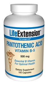 Pantothenic Acid (Vitamin B5) 500 mg- Pantothenic acid plays a role in the synthesis of hemoglobin, steroid hormones, neurotransmitters, and lipids..