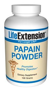 Papain is a proteolytic digestive enzyme derived from the papaya fruit, used as an aid in digesting protein. It may also help to stimulate protein synthesis..