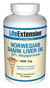 Norwegian Shark Liver Oil (20% Alkylglycerols) 1000 mg- Research has shed additional light on the multi-faceted benefits of alkylglycerols standardized from shark liver oil. Alkylglycerols act as immune system boosting agents..
