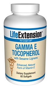 Gamma E Tocopherol with Sesame Lignans- According to the Proceedings of the National Academy of Sciences, alpha tocopherol (regular vitamin E) displaces critically important gamma tocopherol in the cells..