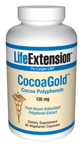 LifeExtension- CocoaGold Cocoa Polyphenols  which provide dietary anti-oxidant benefits, are naturally abundant in cocoa beans. Cocoa polyphenols, as found in dark chocolate, have shown beneficial effects on cardiovascular health, especially vascular health..