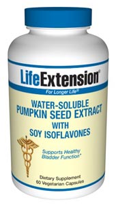 The pumpkin seed has a long history of use in helping to maintain healthy bladder function. Japanese scientists have patented a method to obtain the water-soluble constituents of the pumpkin seed, which are absorbed far more efficiently into the bloodstream. These water-soluble pumpkin seed extracts appear to be the active constituents to help with the urinary discomforts endured by so many maturing women and men..