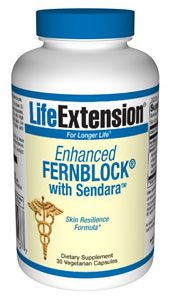 Enhanced Fernblock with Sendara- Life Extension introduces the world's first oral supplement to help maintain youthful skin by protecting against harmful solar radiation. For the first time you can achieve essential protection from sun. Use with high SPF sunscreen (SPF 30). For extended sun exposure take one additional capsule at noon..