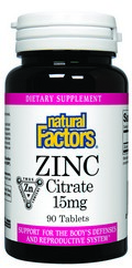 Natural Factors Zinc Citrate tablets contains 15mg of this important trace mineral..