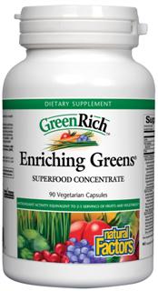 Enriching Greens is a super concentrated whole foods formula containing over 40 health-promoting ingredients, including micro-nutrient dense spirulina and BerryRich high antioxidant fruit concentrate..