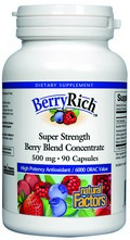 Natural Factors BerryRich is a combination of the best high antioxidant berries as well as the active ingredients found in pomegranate and grapes, including:  Bilberry Extract (Vaccinium myrtillus), Strawberries (Fragaria vesca), Blueberries  (Vaccinium corymbosum), Red Raspberries (Rubus idaeus), and Cranberries (Vaccinium macrocarpon)..