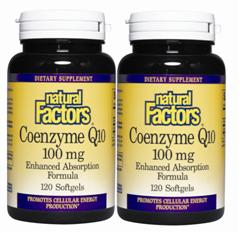 Special Offer- 2 pack 120+120 softgels. Coenzyme Co Q10 100mg from Natural Factors promotes cellular balance and energy, and greatly benefits the heart, liver, and kidneys..