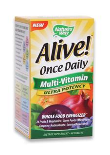 NEW Alive! Once Daily Multivitamin has a higher potency of vitamins/minerals, extra B-vitamins for energy; plus 1,000 IU of Vitamin D. It is the only 'once daily' with 26 fruits and veggies plus 14 green foods, 12 organic mushrooms, 12 digestive enzymes, resveratrol, CoQ10 and lutein..