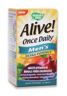 NEW Alive! Once Daily for Men has a higher potency of vitamins/minerals, extra B-vitamins for energy; plus 1,000 IU of Vitamin D. It is the only 'once daily' with 26 fruits and veggies plus 14 green foods, 12 organic mushrooms, 12 digestive enzymes, resveratrol, CoQ10 and lutein..