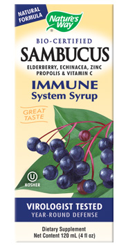 Sambucus Immune System Formula features standardized, Bio-Certified black elderberry extract, vitamin C, zinc. Useful protection against viral infections and upper respiratory infections..