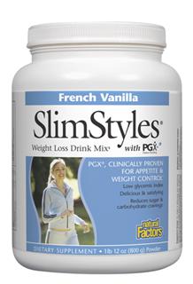 Natural Factors Vanilla SlimStyles Weight Loss Drink Mix reduces the appetite to help lose weight naturally. SlimStyles is high in protein and contains not artificial sweeteners or flavors. SlimStyles may be added to a smoothie or make some delicious pudding!.