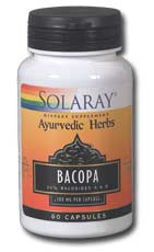Solaray Ayurvedic Herbs Bacopa Leaf Extract with 20% Bacosides A & B 100 mg per capsule. Bacopa is a natural supplement that works to improve brain function..