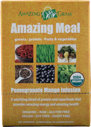 Amazing Meal is a powerful and satisfying blend of Green SuperFoods, plant based protein, phytonutrient rich fruits & vegetables, digestive enzymes and probiotics. Amazing Meal is Organic, Raw Food, Gluten Free, Vegan, Soy Free, Dairy Free.