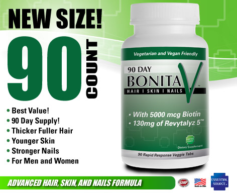 Vegetarian support for healthy hair, beautiful skin and strong nails is now available in Bonita V by Essential Source. Shop Today at Seacoast.com! New Improved formula includes  a proprietary blend of He Shou Wu (Fo-ti), Hyalauronic acid, Gotu Kola Extract, Citrus Bioflavonoid and Bioperine. He Shou Wu (Fo-ti) is an ancient chinese herb used as an effective hair loss treatment for hair restoration, grey hair and color loss..