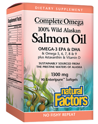 Natural Factors Wild Salmon Oil enteric coated softgels contain 100% pure salmon oil that have a naturally occurring ratio of nearly 1:1 EPA to DHA..