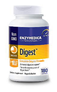 Digest assists digestion and absorption of nutrients.
Enzymedica uses an exclusive Thera-blend process for its protease, lipase, amylase and cellulase. Each of these enzymes actually represents multiple strains that are blended to increase potency in varying pH levels..