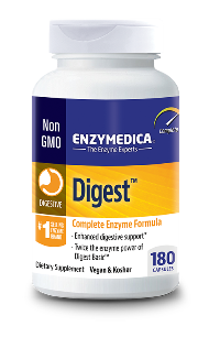 Digest assists digestion and absorption of nutrients.
Enzymedica uses an exclusive Thera-blend process for its protease, lipase, amylase and cellulase. Each of these enzymes actually represents multiple strains that are blended to increase potency in varying pH levels..