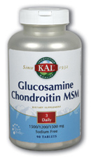 KAL Glucosamine Chondroitin MSM supports the formation of cartilage in joints and reduces pains resulting from osteoarthritis and strains/sprains..