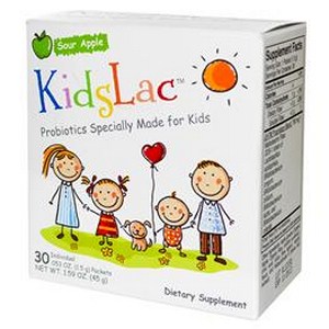 Kidslac contains FIVE different strains of healthy bacteria including the DDS-1 strain of Lactobacillus acidophilus in a sour apple-powder base that kids love..