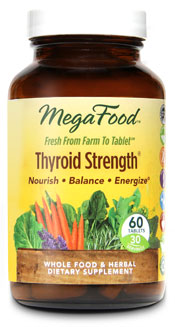 MegaFood naturally supporting a healthy thyroid gland with a blend of FoodState Nutrients that includes Ashwagandha, Coleus Forskohlii Root, Organic Kelp Powder, Holy Basil Leaf and L-Tyrosine..