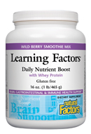 Natural Factors Learning Factors Daily Nutrient Boost with whey protein is an innovative smoothie mix designed to lessen the effects of attention disorders and support focus and brain health..