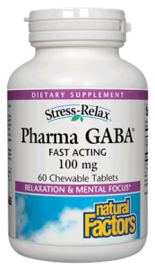 Natural Factors' fast acting PharmaGABA chewable tablets promote relaxation and mental focus..