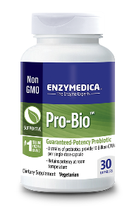 Pro-Bio contains 8 species of bacteria that naturally occur in the intestinal tract. Each capsule contains 5 billion organisms. Pro-Bio is enteric coated to bypass the acid environment of the stomach..