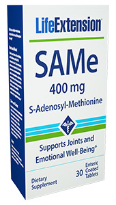 SAMe (S-Adenosyl-Methionine) from Life Extension promotes a positive and well balanced mood, helps maintain joint elasticity and mobility, and protects the liver and brain..