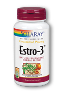 Solaray Estro-3 is a phyto hormone replacement therapy supplying plant forms of estriol, estrone and estradiol from extracts of licorice, pomegranate and hops;also enhances blood flow with the addition of butcher's broom and nattokinase and supplying beneficial amounts of indole-3-carbinol for healthy estrogen metabolism..