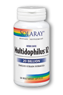 Multidolphilus 12 enteric capsules from Solaray contain 12 strains of beneficial probiotic bacteria..