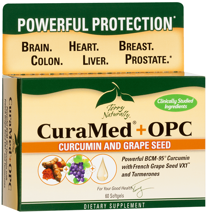 CuraMed + OPC Grape Seed Extract (60 softgels) Award winning CuraMed has an additional ingredient, OPC grape seed extract to reduce oxidative damage and protect the cells from disease. OPC french grape seed extract (tannin-free) means superior absoption. An excellent anti-aging suppplement..