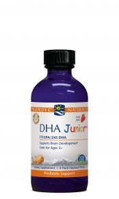 Flavored with a sweet strawberry taste especially for children, Nordic Natural DHA Junior Liquid helps to build strong bones and a healthy nervous system, supporting brain focus. Gluten Free.