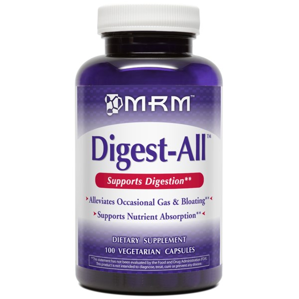 Digest-All from MRM contains enzymes derived from plant sources to help the body digest and assimilate proteins, starches, and sugars, and to help alleviate painful indigestion..